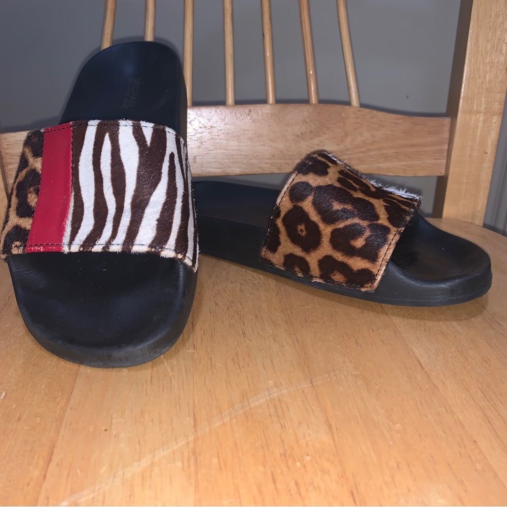 Michael Kors Leopard & Zebra Slide Sandals with Red Accent